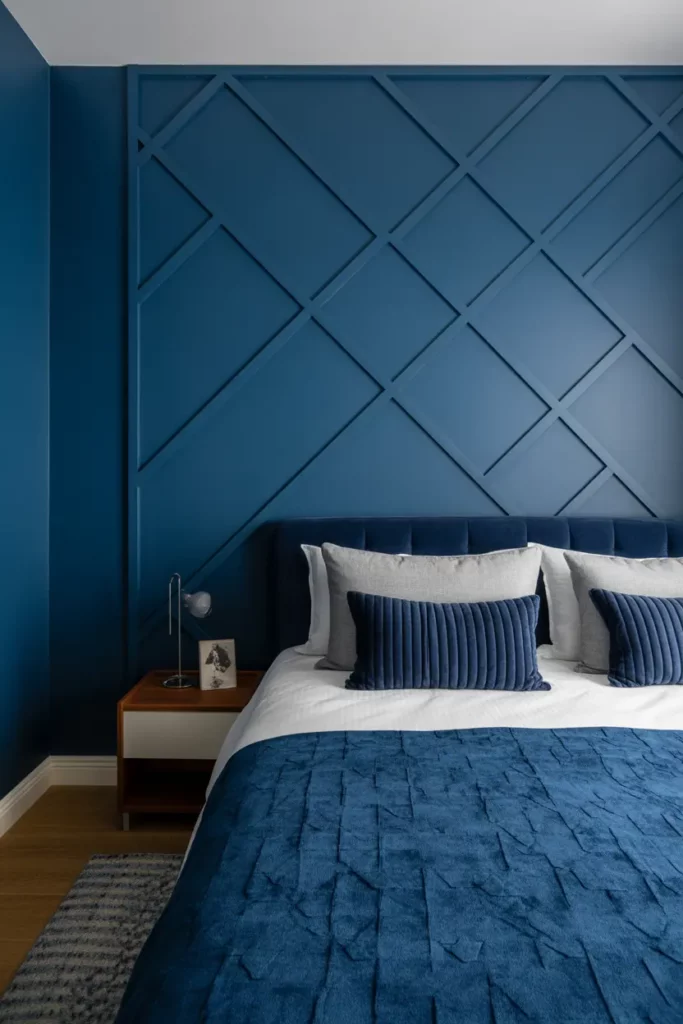 Blue Bedroom with Geometric Wall Patterns