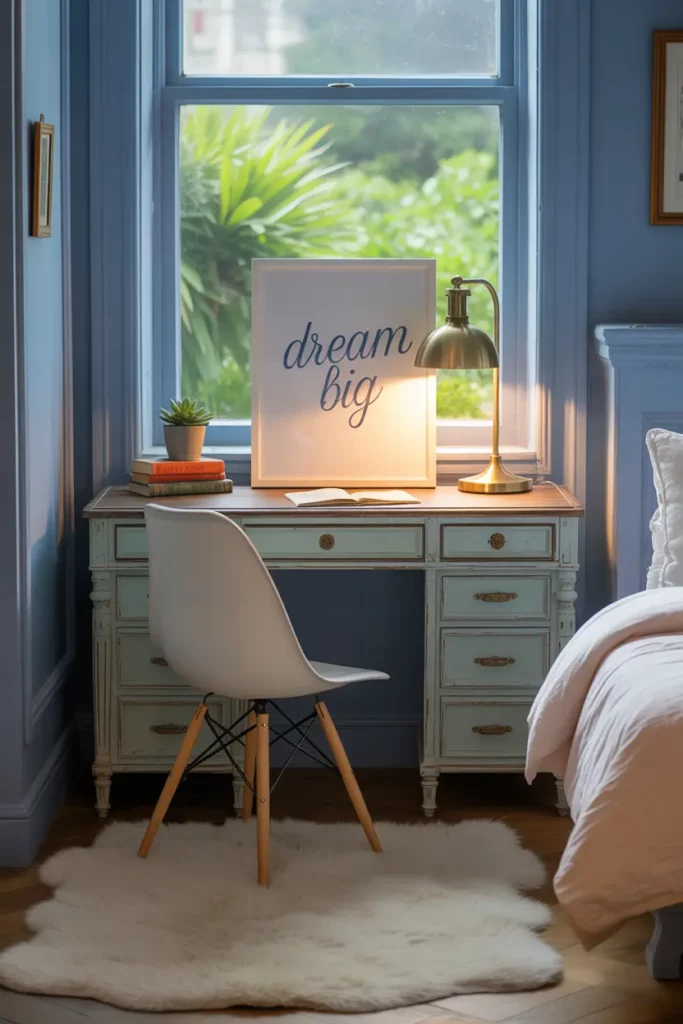 Blue Bedroom with Mismatched Furniture