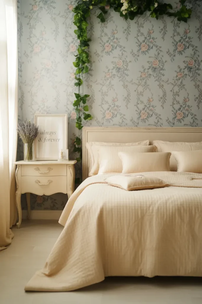 Blue Floral Wallpaper Bedroom with Romantic Touches