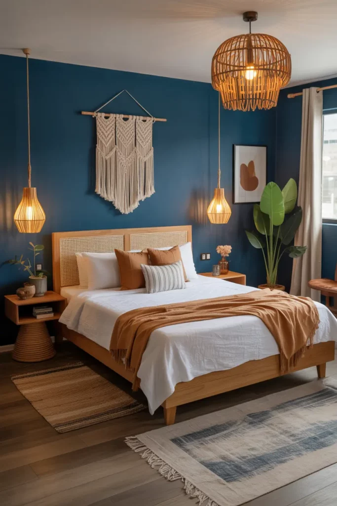 Boho Navy Bedroom with Rattan Accents