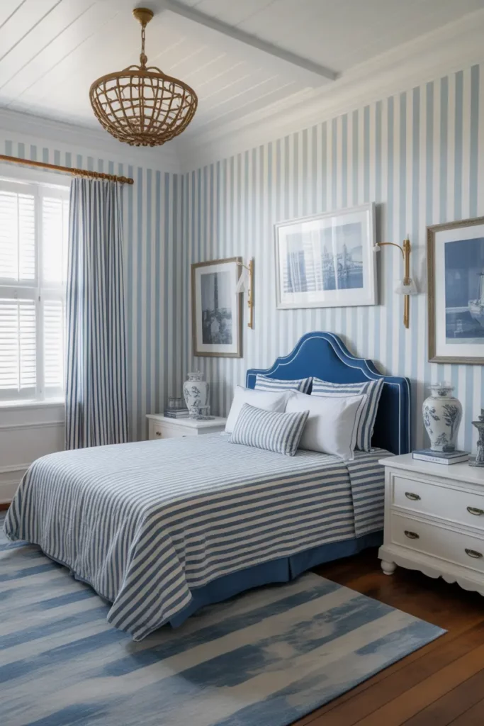 Classic Blue and White Striped Bedroom