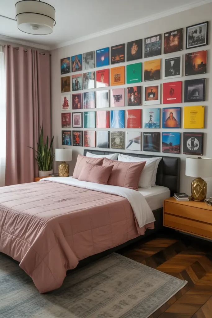 Color-Coordinated Record Wall in Bedroom