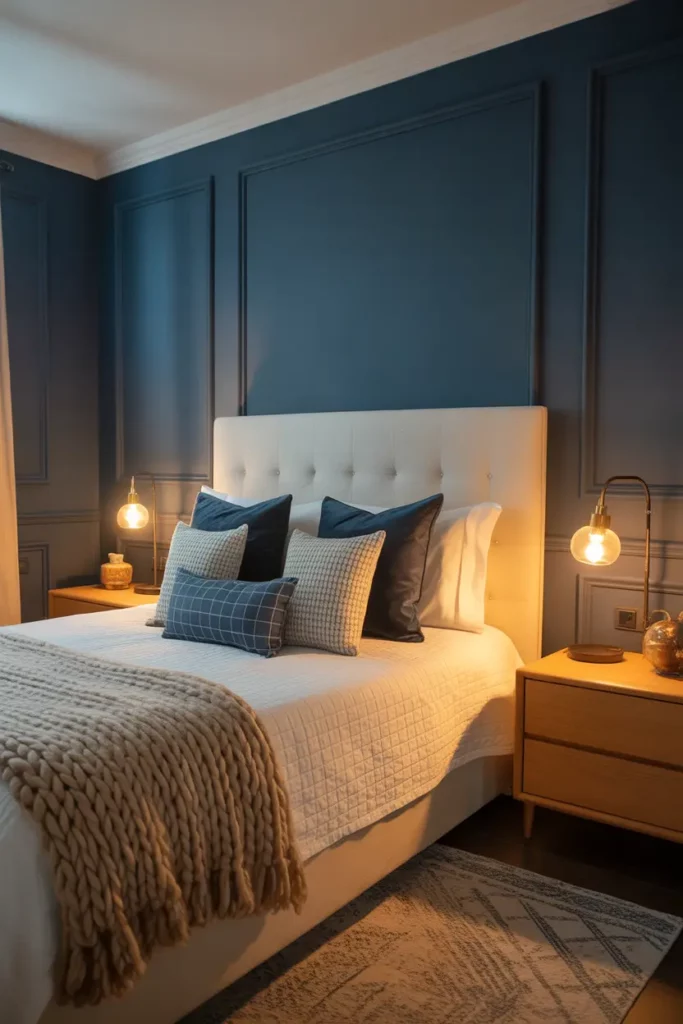 Cozy Navy and Cream Bedroom with Layered Throws