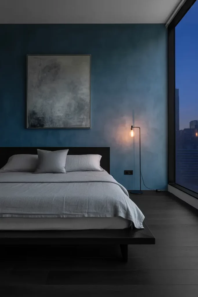 Deep Blue and Grey Bedroom with Modern Touches