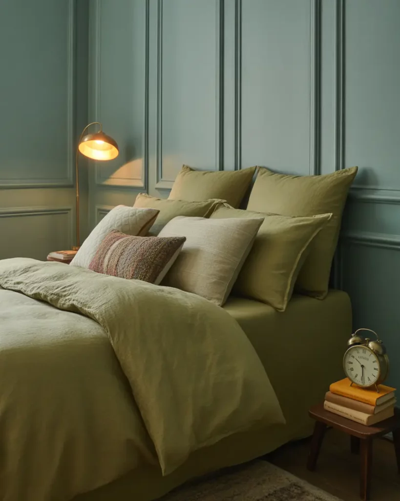 Dusty Aqua Walls With Olive Bedding