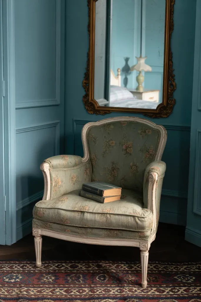 Dusty Blue Bedroom with Vintage Flair