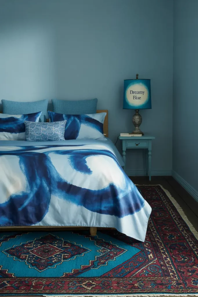 Eclectic Blue Bedroom with Mixed Patterns