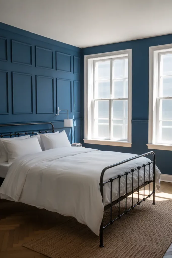 Elegant Navy Paneling with Crisp White Linens