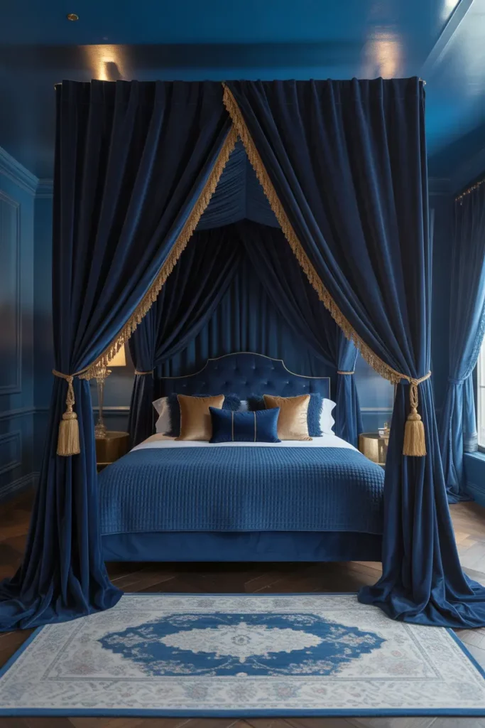 Luxe Navy Canopy Bed with Velvet Drapes