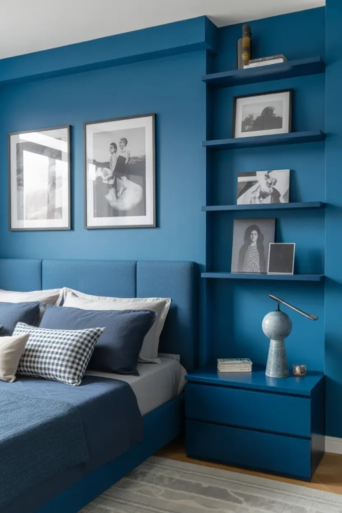 Modern Blue Bedroom with Floating Shelves