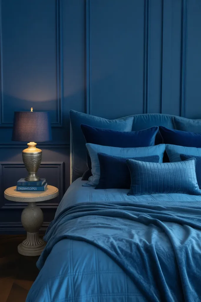 Monochromatic Blue Bedroom with Layered Textures