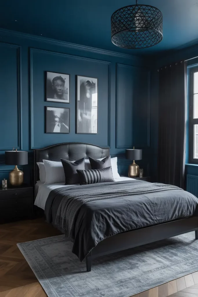 Moody Blue Bedroom with Black Accents