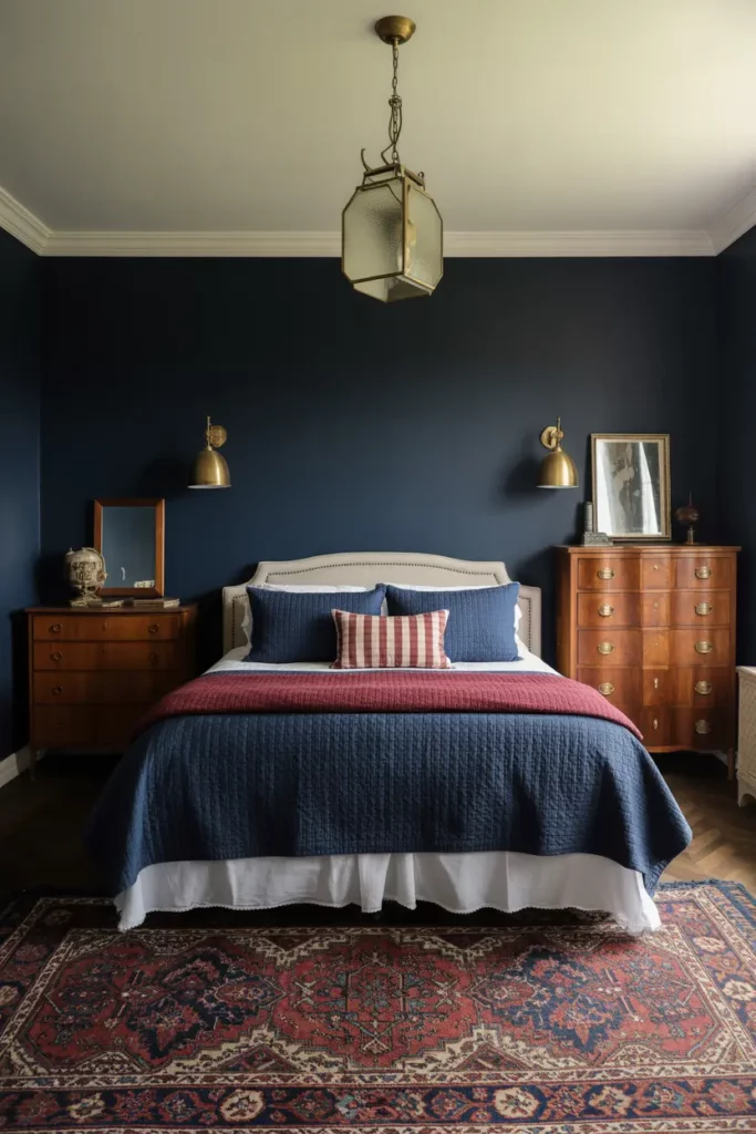 Moody Navy Walls and Vintage Brass Fixtures