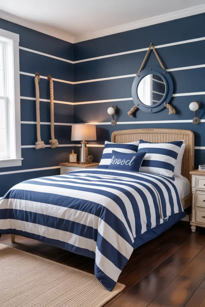 Nautical Navy Bedroom with White Stripes