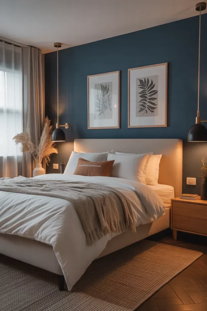 Navy Blue Accent Wall with Warm Lighting