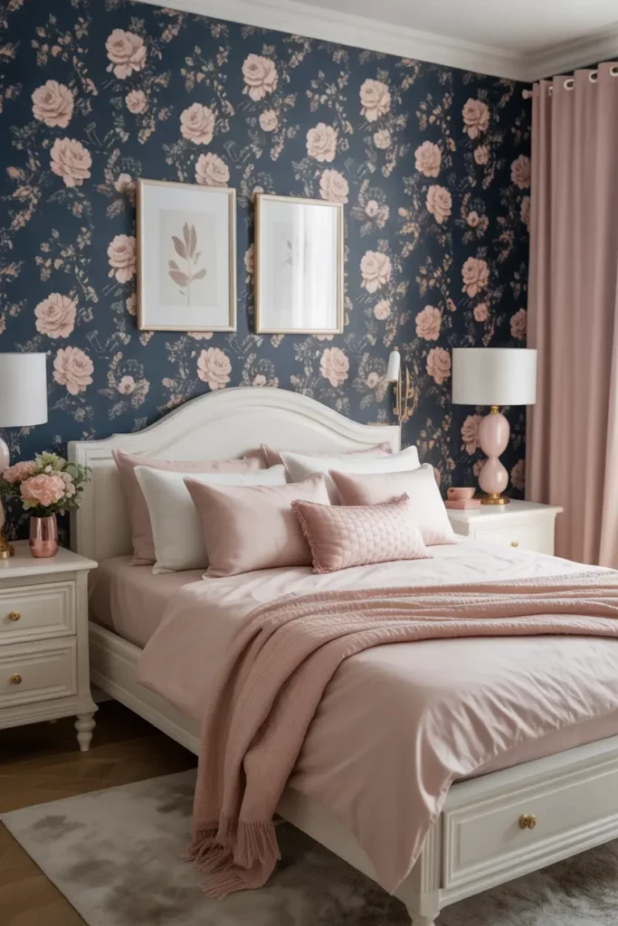 Navy Wallpaper with Floral Accents