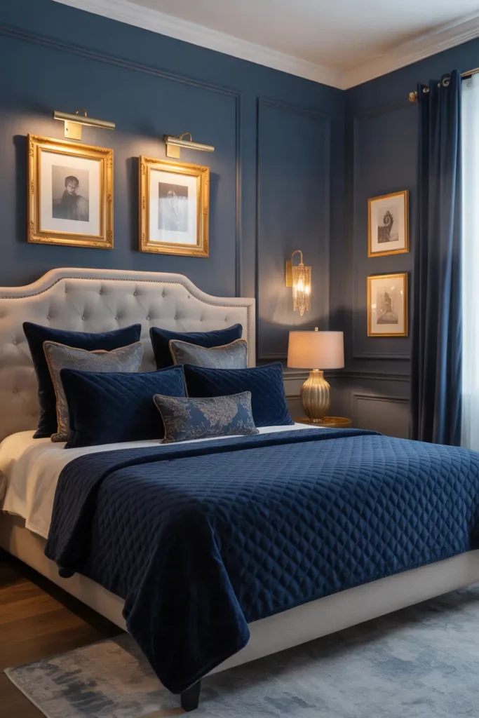 Navy Walls with Gold Accents and Velvet Bedding