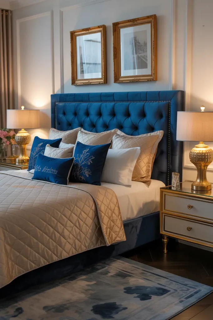 Royal Blue Velvet Headboard with Gold Accents