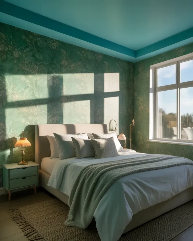 Sky Blue Ceiling With Leafy Green Walls