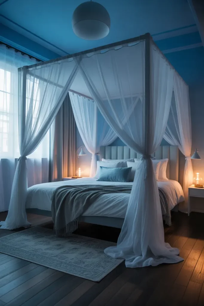 Soft Blue Bedroom with Sheer Curtains and Canopy Bed