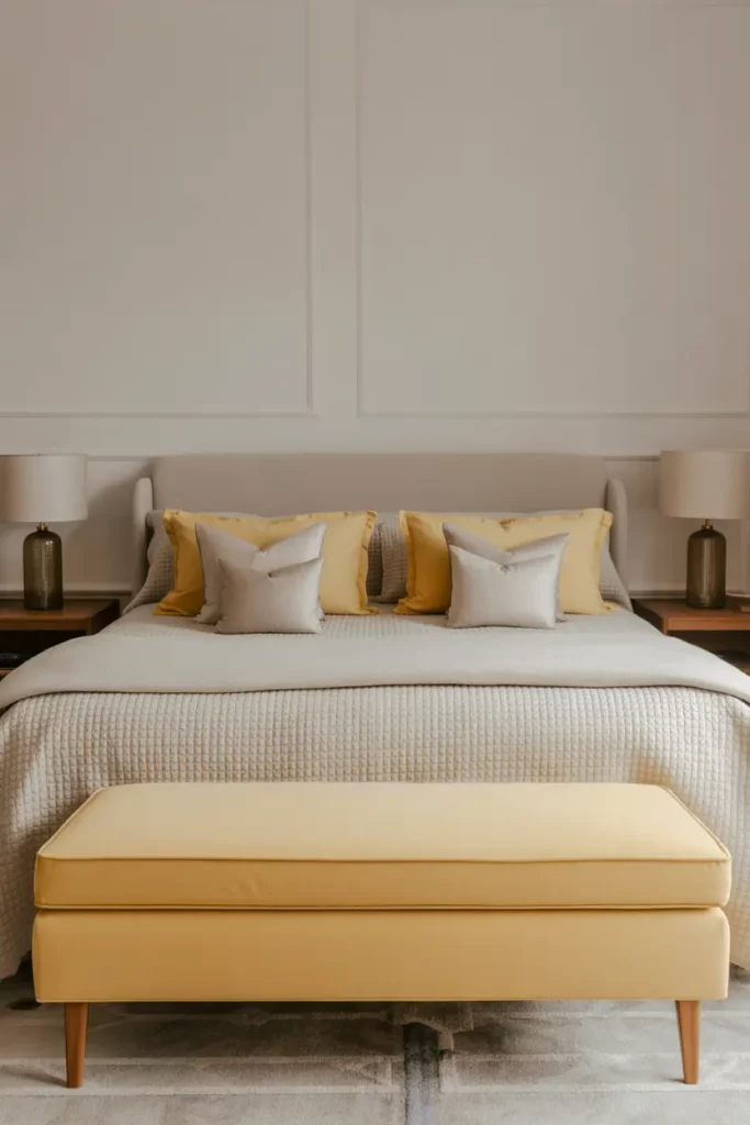 Soft Yellow Upholstered Bench at the Foot of the Bed