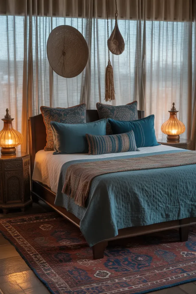 Teal and Blue Bedroom with Global Accents